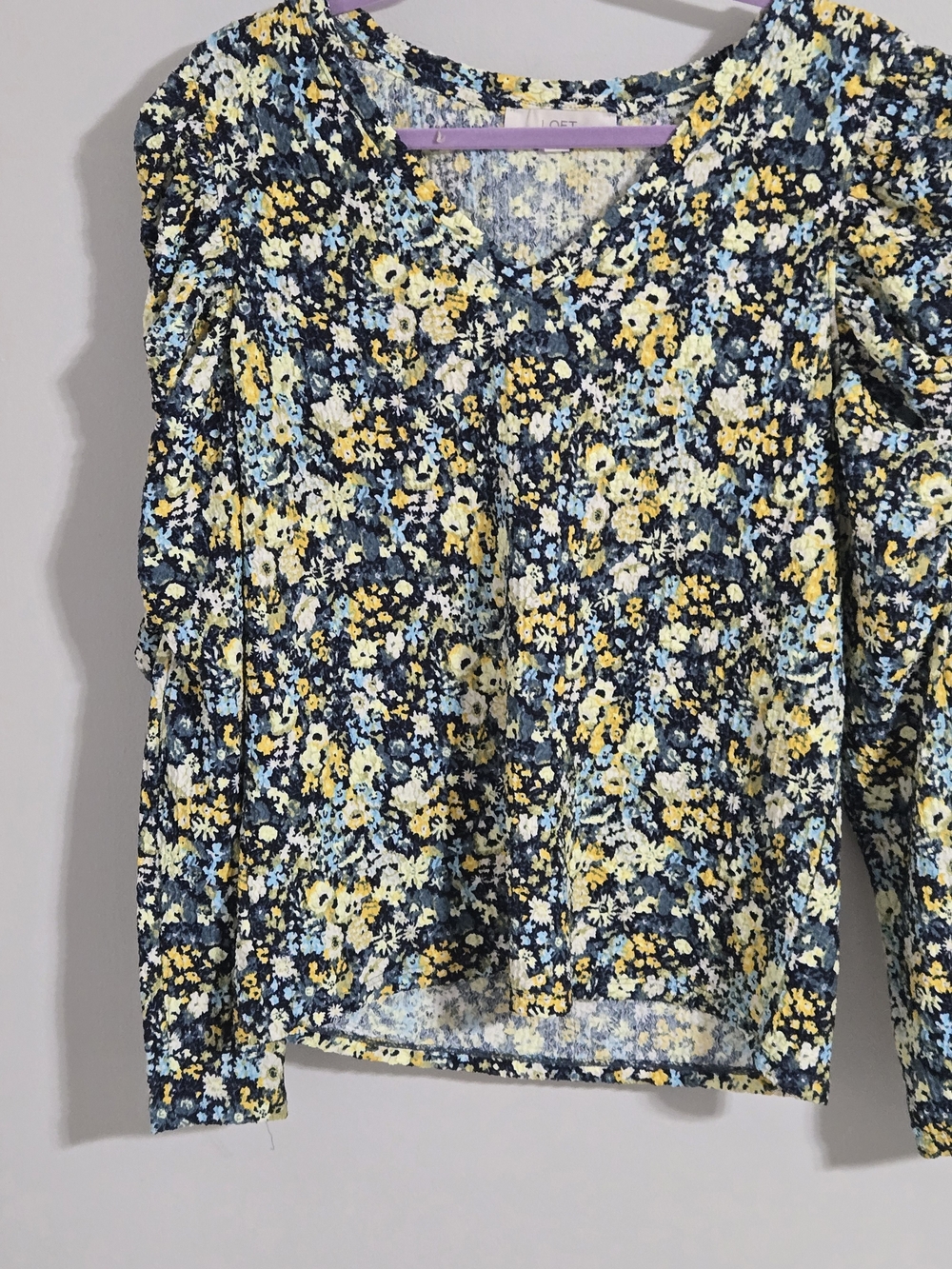 LOFT Navy Floral V-Neck Long Sleeve Blouse with Yellow & Light Blue Flowers
